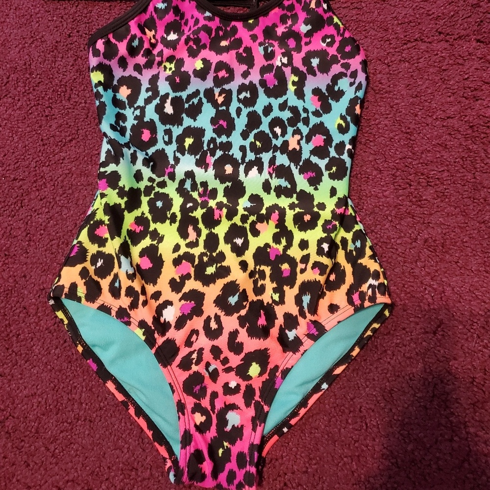 Kids rainbow cheetah print swimsuit.